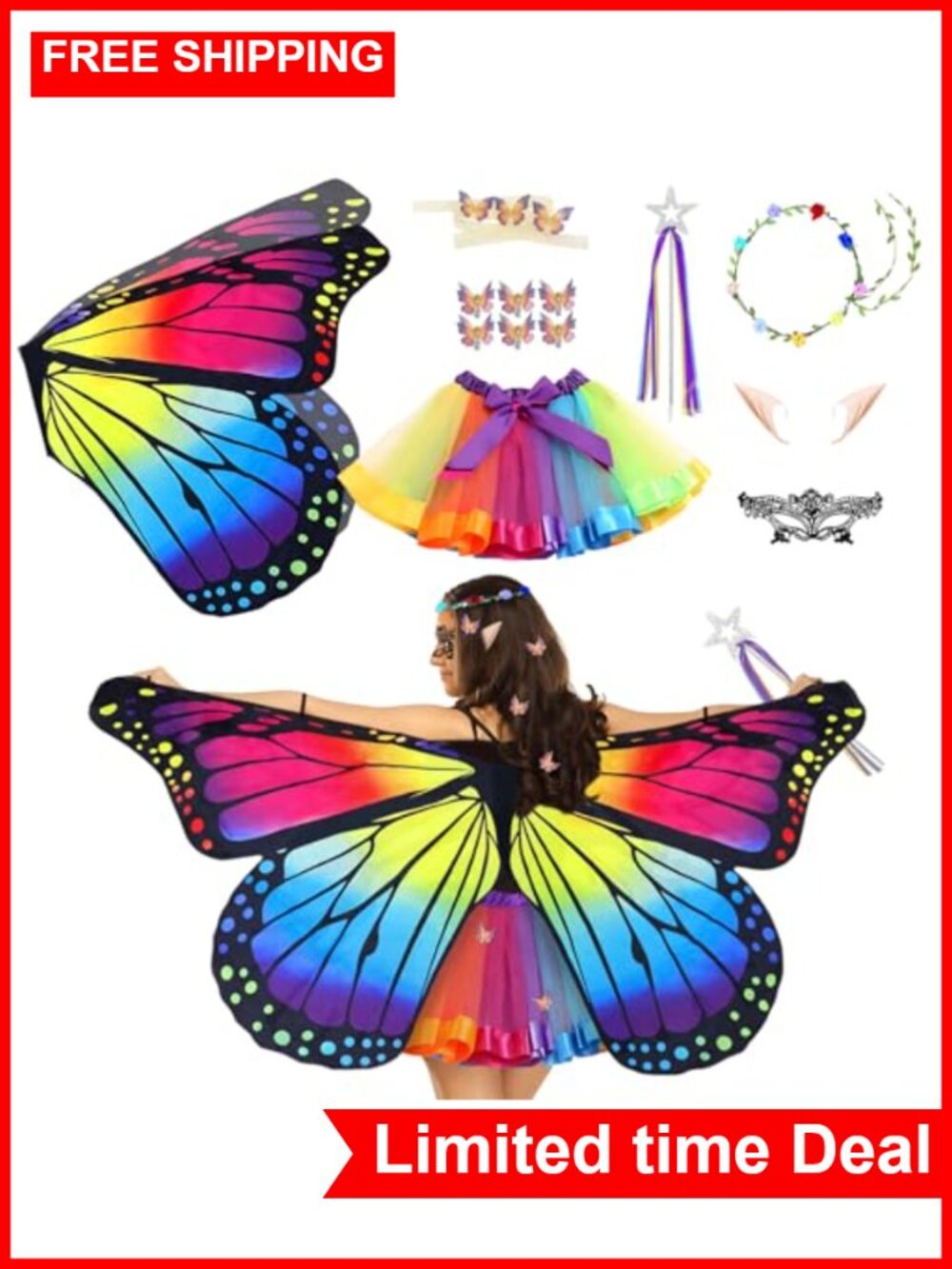 Women's Fairy Butterfly Wings Costume Set with Tutu for Halloween Party
